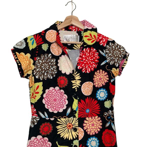 Lesley Evers Black Floral Summer Dress Size S Cotton Short Sleeve Knee Length - Picture 3 of 12